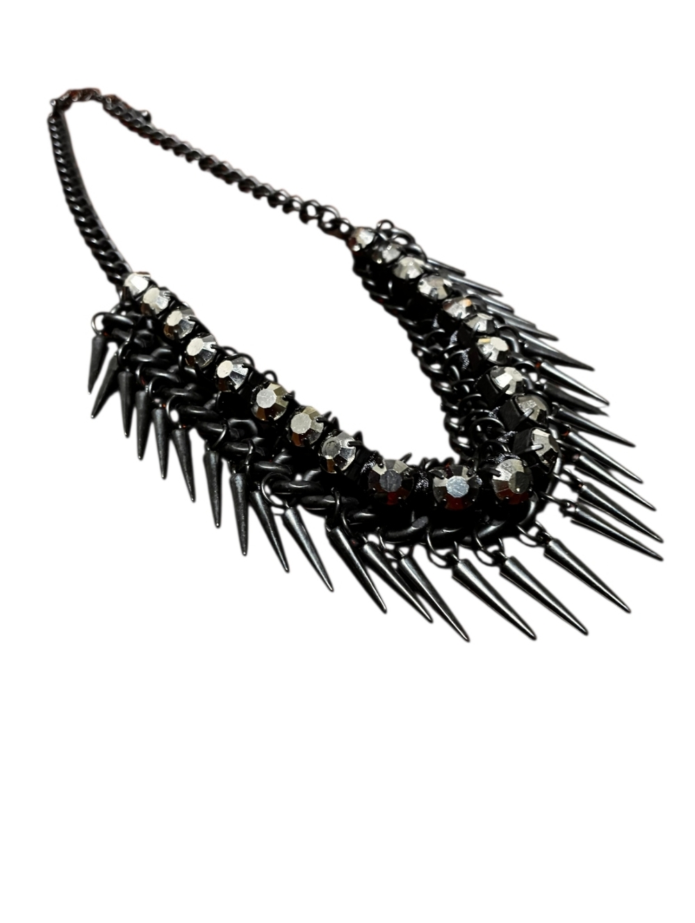 Fashion Jewelry | Black Matte Spike Necklace with Rhinestone Accents - Picture 3 of 3
